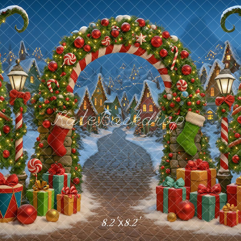 Kate Christmas Trees Whatville Village Candy Arch Gift Snowy Backdrop Designed by Ashley Paul