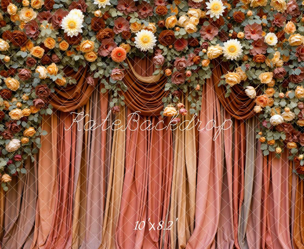 Kate Fall Flower Arch Brown Drapes Printed Backdrop Designed by Mini MakeBelieve