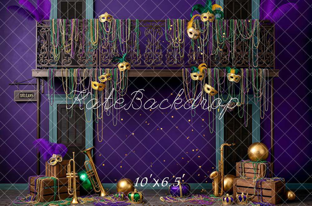 Kate Carnival Mardi Gras Balcony Beads Masks Instruments Purple Printed Backdrop Designed by Patty Roberts