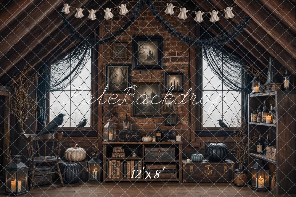Kate Halloween Attic Ravens Black Pumpkins Brick Wall Printed Backdrop Designed by Emetselch