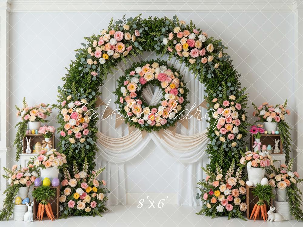 Kate Easter Bunny Flower Arch Pastel Eggs Carrots Printed Backdrop Designed by Mini MakeBelieve