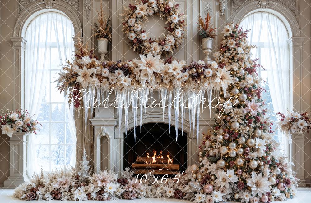 Kate Christmas Tree Poinsettia Frozen Fireplace Wreath Arch Printed Backdrop Designed by Mini MakeBelieve