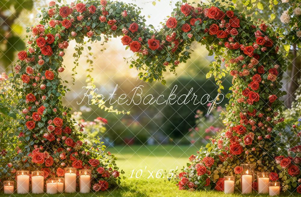 Kate Valentines Flower Arch Heart Shape Red Roses Candles Garden Backdrop Designed by Emetselch