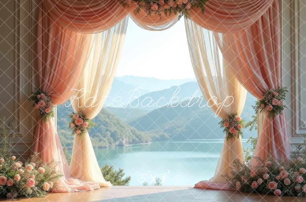 Kate Summer Peach Drapes Floral Arch Lake View Printed Backdrop Designed by Laura Bybee