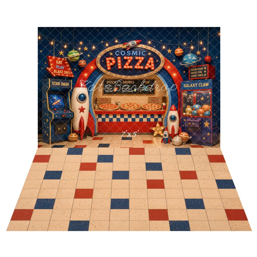 Kate Space Pizza Shop Arcade Rockets Claw Machine Planets Printed Backdrop+Checkerboard Beige Red Blue Tiles Floor Printed Backdrop