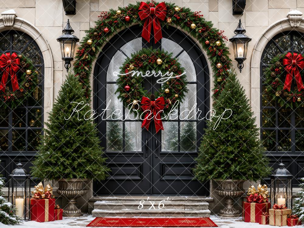 Kate Christmas Retro Black Entryway Arched Doorway Wreaths Trees Bows Printed Backdrop Designed by Emetselch
