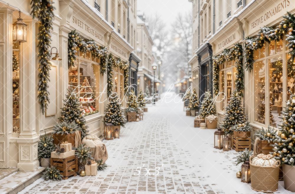 Kate Christmas Shop Snowy Street Garlands Presents Printed Backdrop Designed by Emetselch