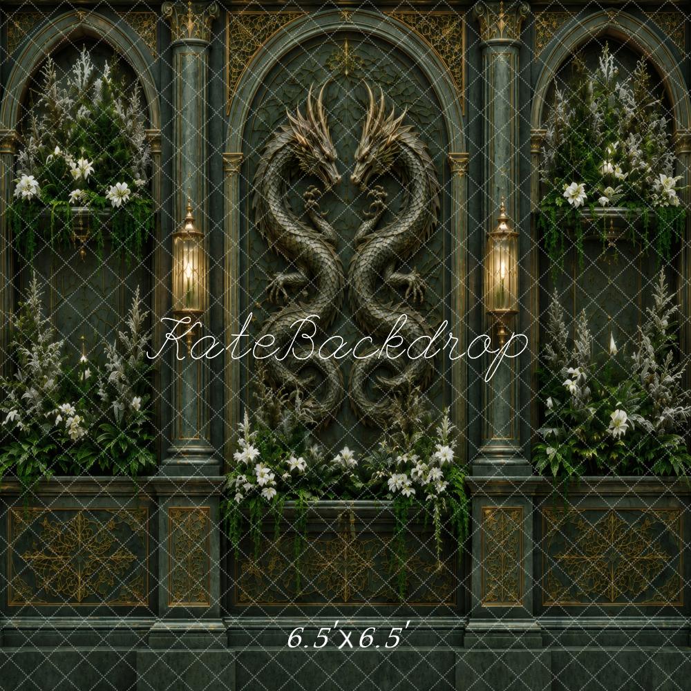 Kate Fantasy Dragon Gothic Arch Dark Green Wall Printed Backdrop Designed by Vertigo Productions