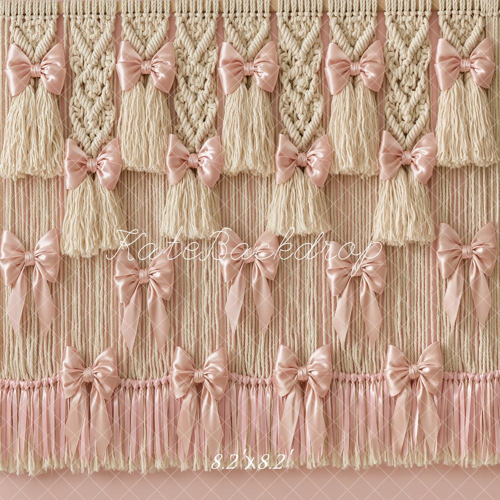 Kate Boho Satin Pink Bow Macrame Tassel Printed Backdrop Designed by Angela Miller