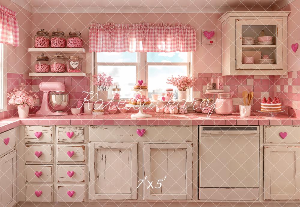 Kate Valentine's Day Pink Kitchen Hearts Backdrop Designed by Emetselch