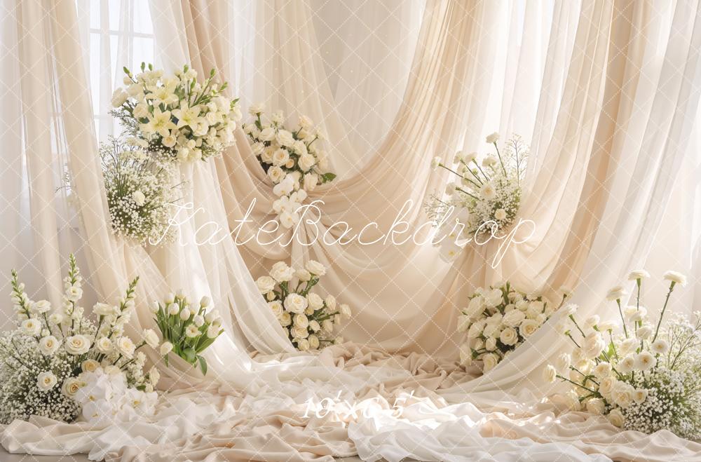 Kate Wedding Cream Drapes White Flowers Printed Backdrop Designed by Mini MakeBelieve