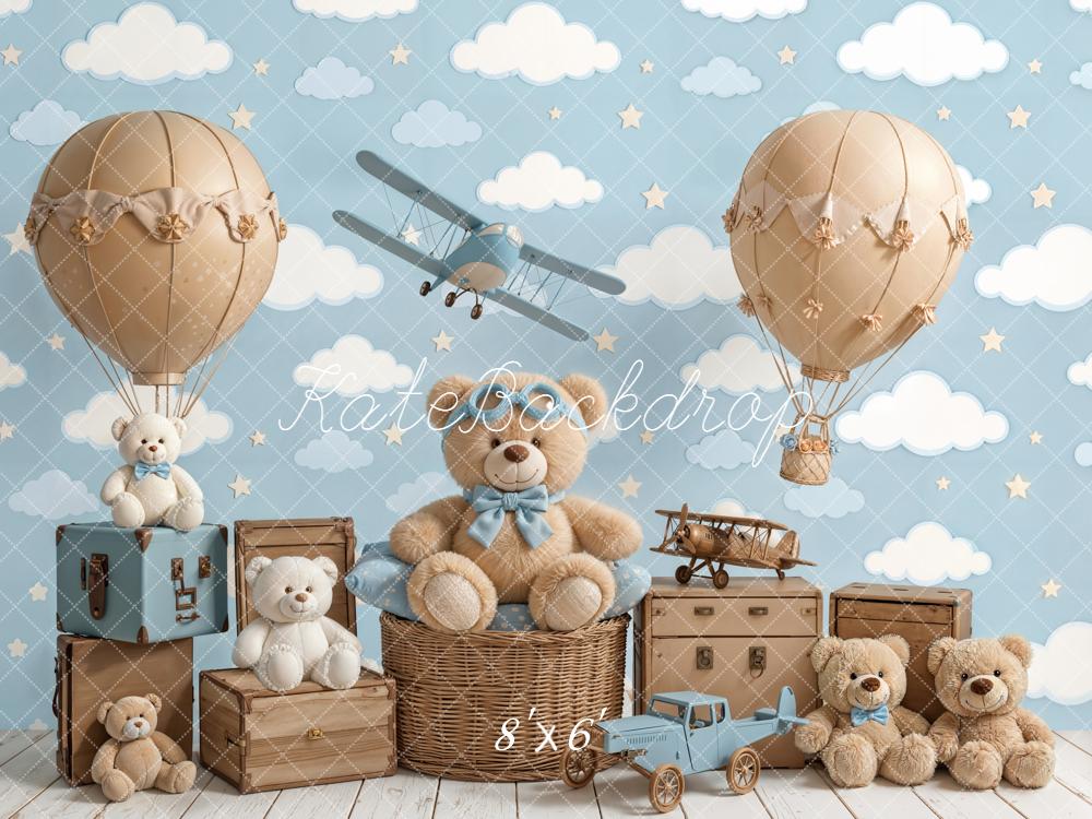 Kate Cake Smash Blue Teddy Bear Hot Air Balloon Airplane Clouds Backdrop Designed by Chain Photography