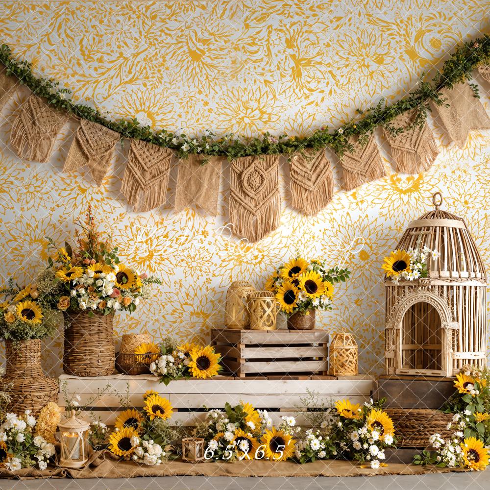 Kate Boho Sunflower Wicker Basket Birdcage Yellow Floral Printed Backdrop Designed by Emetselch