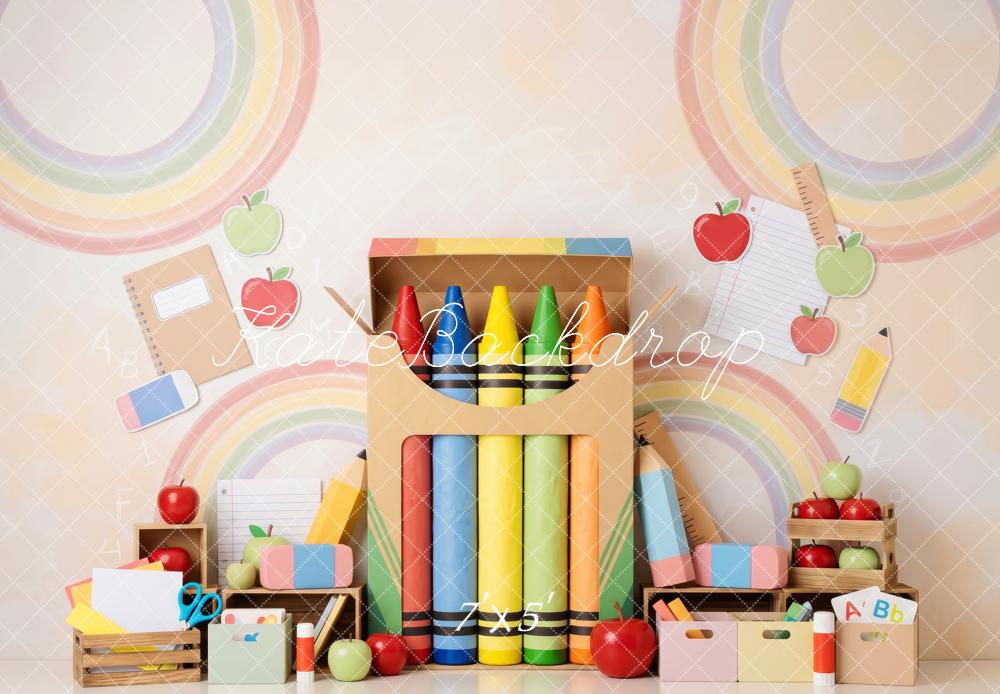 Kate Back To School Crayons Rainbow Apples Printed Backdrop Designed by Patty Roberts
