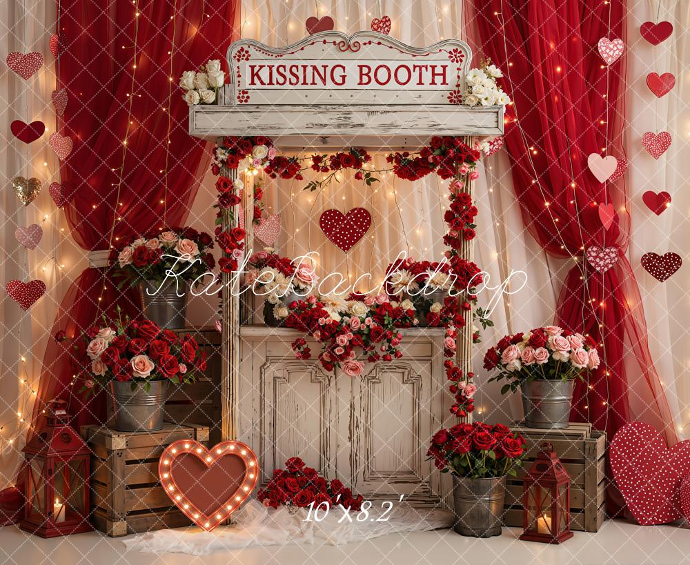 Kate Valentine's Day Red Kissing Booth Curtains Hearts Roses Printed Backdrop Designed by Emetselch