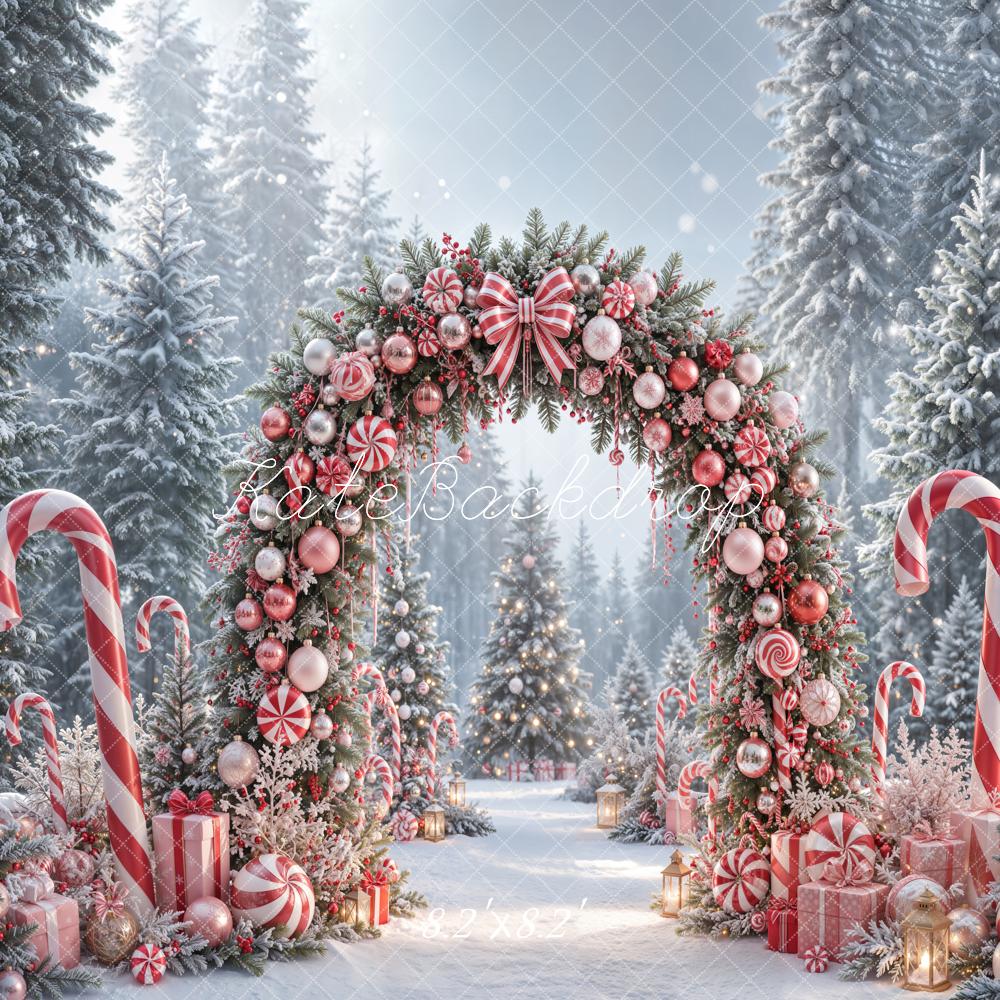 Kate Christmas Candy Arch Peppermint Gifts Snowy Forest Printed Backdrop Designed by Emetselch