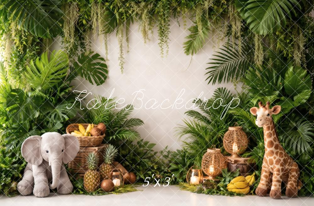Kate Jungle Greenery Elephant Giraffe Plush Fruit Printed Backdrop Designed by Vertigo Productions