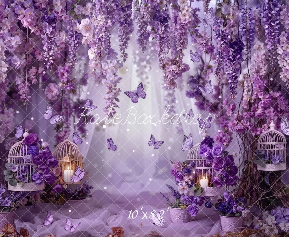 Kate Spring Purple Flower Arch Butterflies Birdcages Printed Backdrop Designed by Emetselch