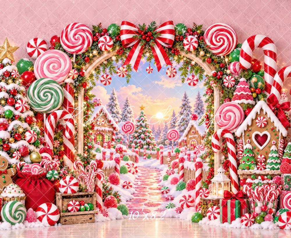 Kate Christmas Candyland Gingerbread Arch Snow Kids Printed Backdrop Designed by Laura Bybee