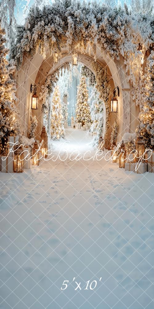 Kate Sweep Christmas Snowy Archway Pine Trees Lanterns Printed Backdrop Designed by Emetselch