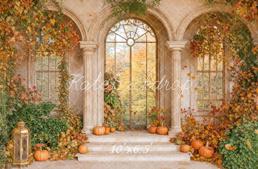 Fall Retro Arch Maple Leaves Pumpkin Backdrop Designed by Emetselch