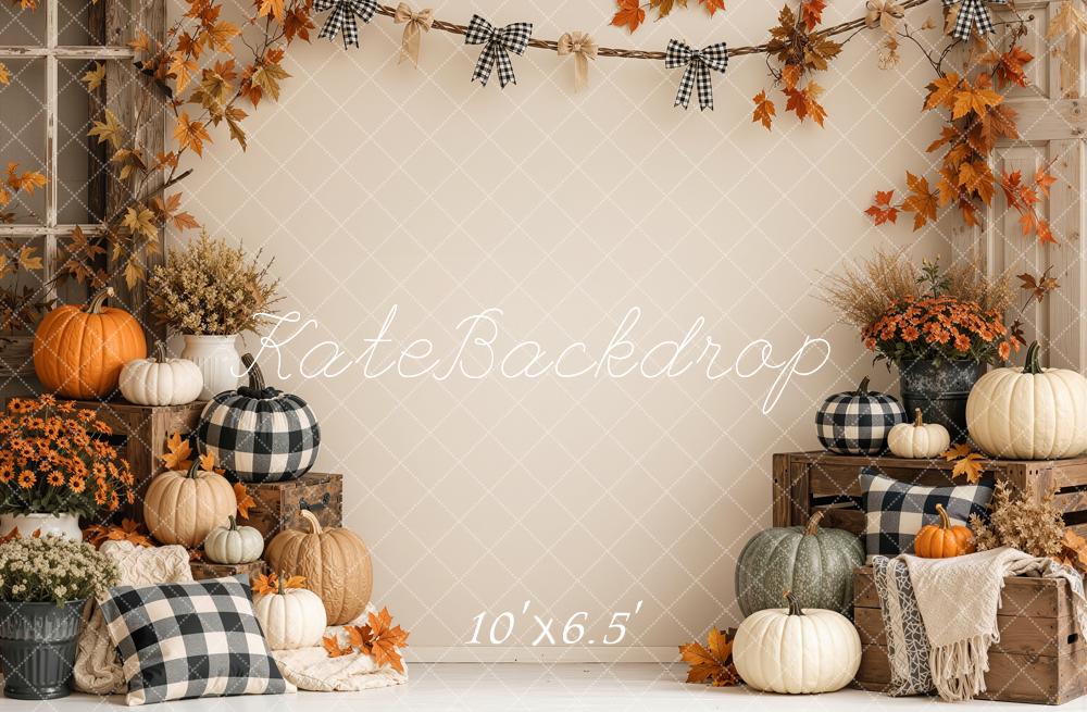 Kate Fall Beige Pumpkin Rustic Plaid Garland Printed Backdrop Designed by Shutter Swan Studios