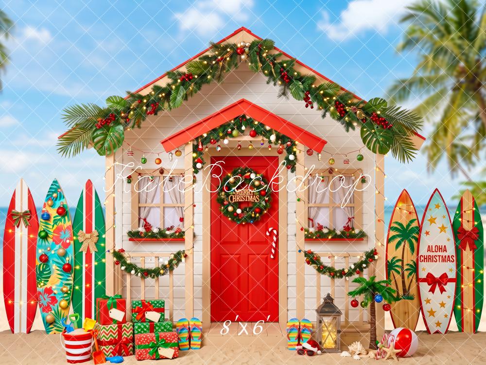 Kate Christmas Beach Surfboards Palm Hut Printed Backdrop Designed by Patty Roberts
