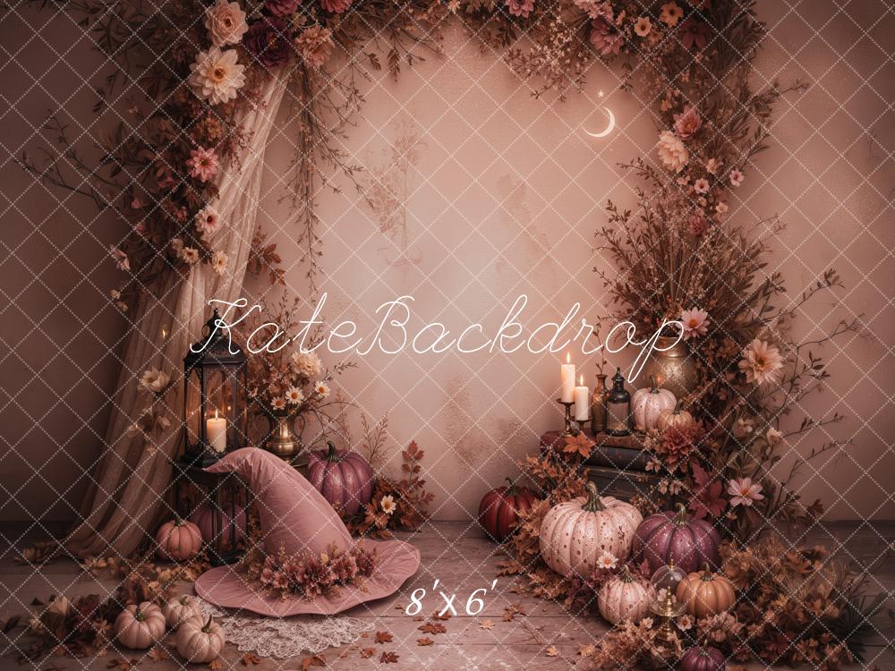 Kate Halloween Pumpkin Floral Arch Witch Hat Printed Backdrop Designed by Jordan Moon