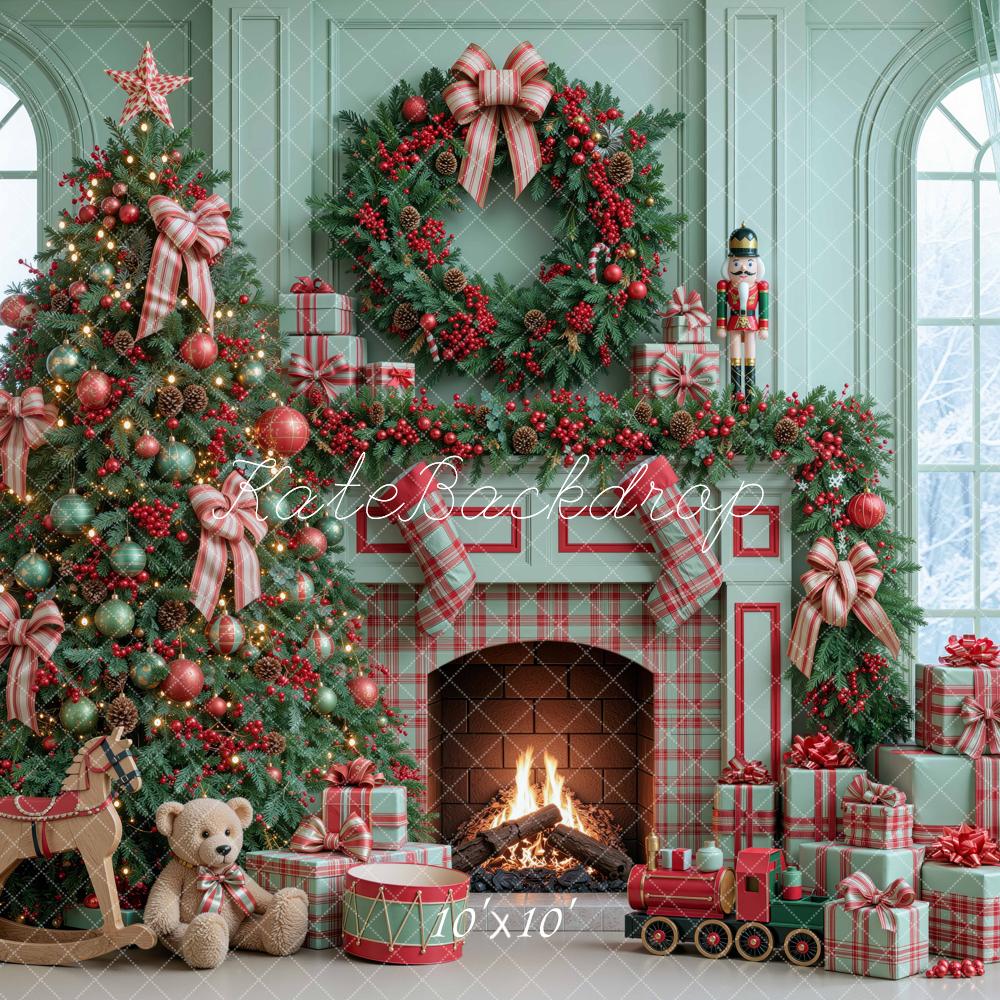 Kate Christmas Tree Fireplace Wreath Nutcracker Plaid Green Printed Backdrop Designed by Mini MakeBelieve