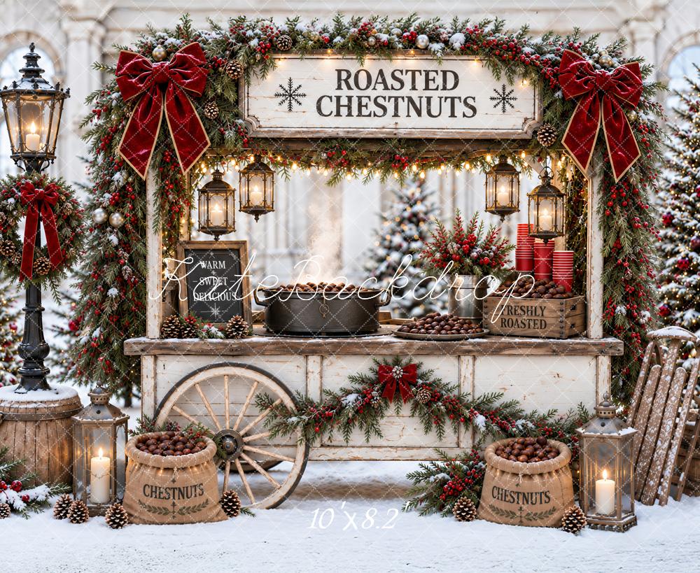 Kate Christmas Roasted Chestnut Cart Snowy Red Bow Printed Backdrop Designed by Ashley Paul