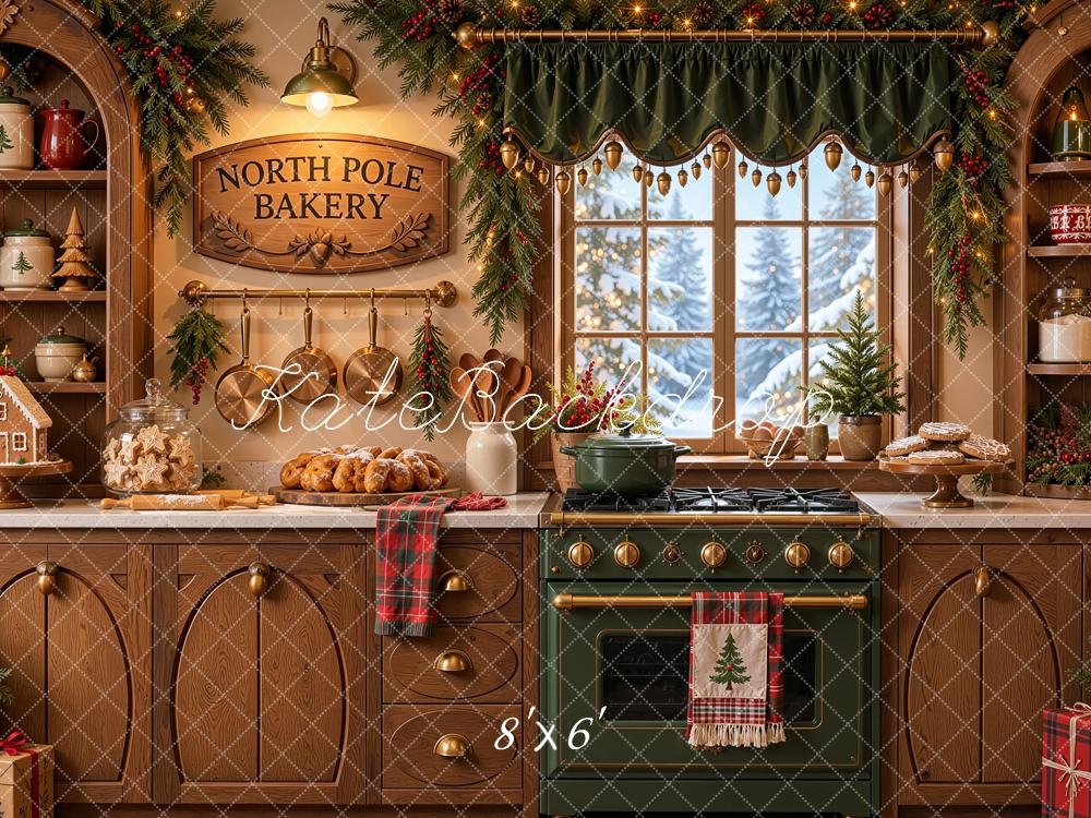 Kate Christmas Kitchen Rustic Bakery Green Oven Snowy Window Printed Backdrop Designed by Shutter Swan Studios