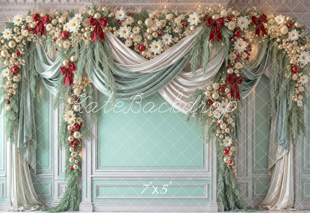 Kate Christmas Mint Green Garland Draped Curtains Printed Backdrop Designed by Mini MakeBelieve