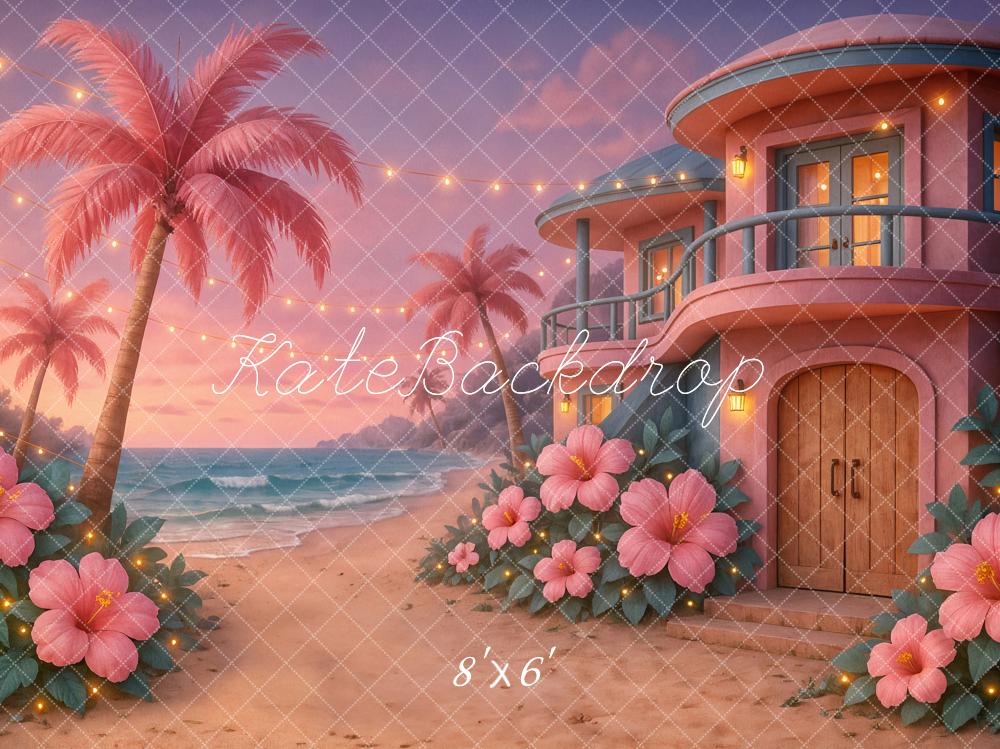 Kate Beach Tropical Sunset House Pink Backdrop Designed by Ashley Paul