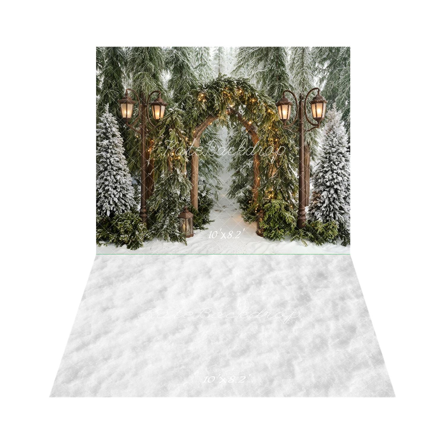 Kate Winter Arch Snowy Pine Trees Lanterns Backdrop+White Snow Abstract Texture Backdrop