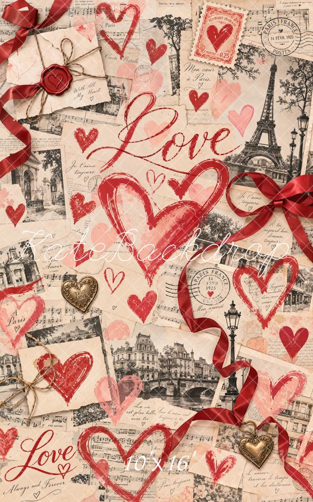 Kate Valentine's Day Newspaper Eiffel Tower Love Hearts Collage Printed Backdrop Designed by Chain Photography