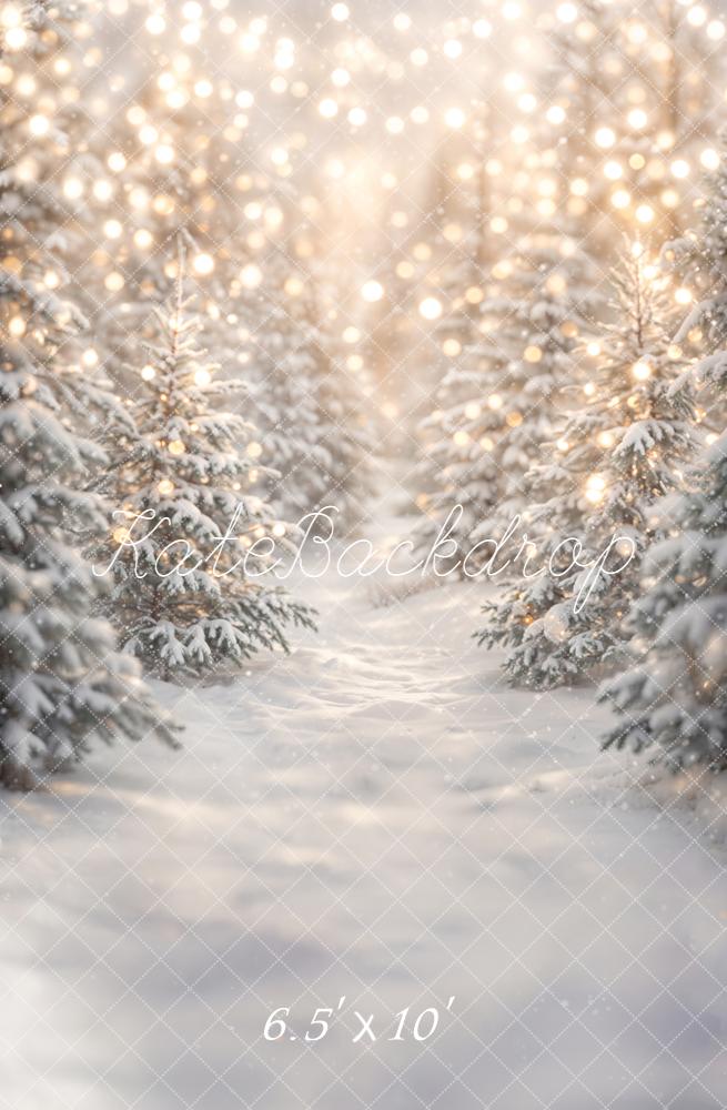 Kate Christmas Snowy Pine Trees Warm Lights Printed Backdrop Designed by Emetselch