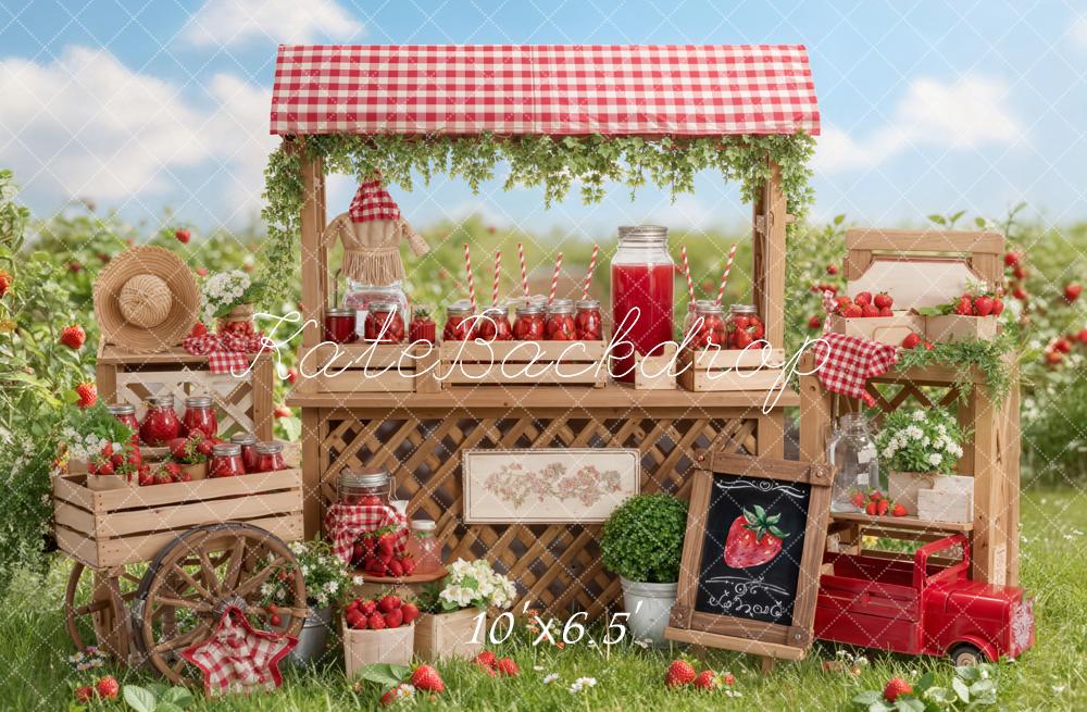 Kate Summer Strawberry Market Stand Wagon Crates Gingham Printed Backdrop Designed by Emetselch