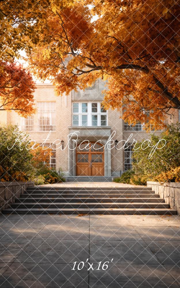 Kate Sweep Fall Entrance Steps Autumn Trees Printed Backdrop Designed by Happy Squirrel Design