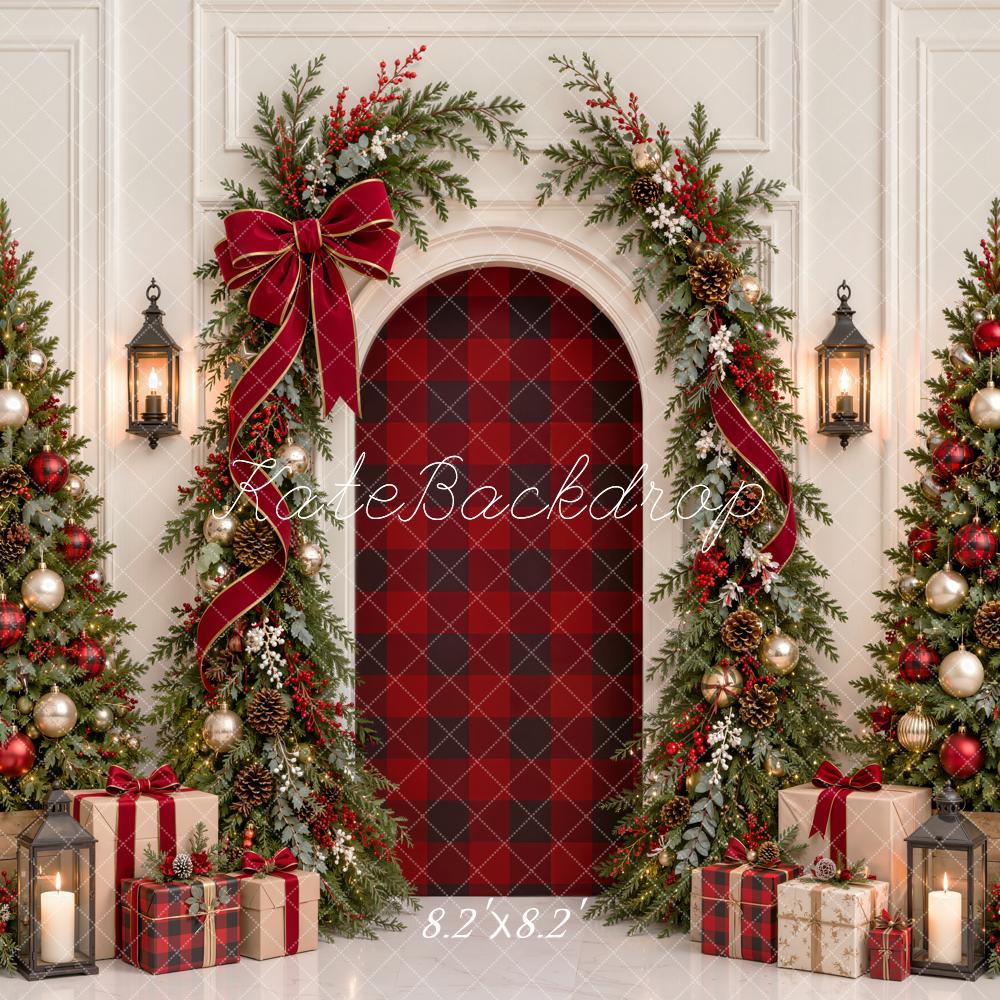 Kate Christmas Trees Arch Plaid Red Ribbon Garland Gifts Printed Backdrop Designed by Emetselch