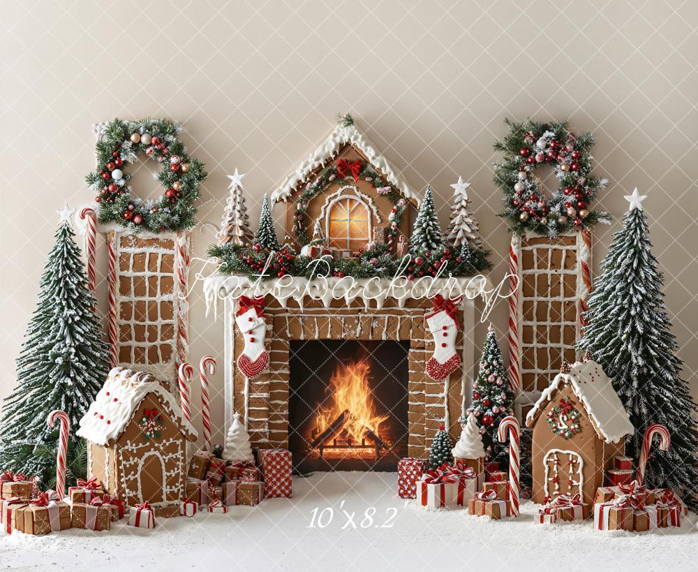 Kate Christmas Gingerbread House Fireplace Snowy Trees Wreaths Backdrop Designed by Emetselch
