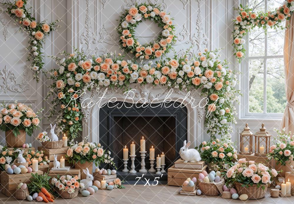 Kate Easter Bunny Floral Fireplace Pastel Eggs Backdrop Designed by Mini MakeBelieve