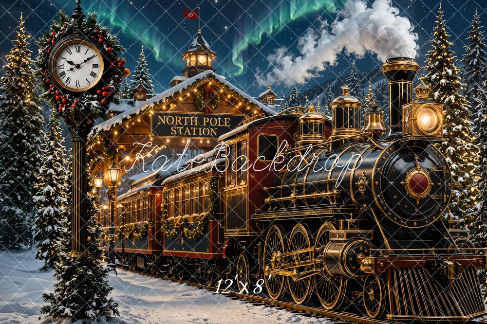 Kate Christmas Polar Train North Pole Station Snowy Trees Printed Backdrop Designed by Emetselch