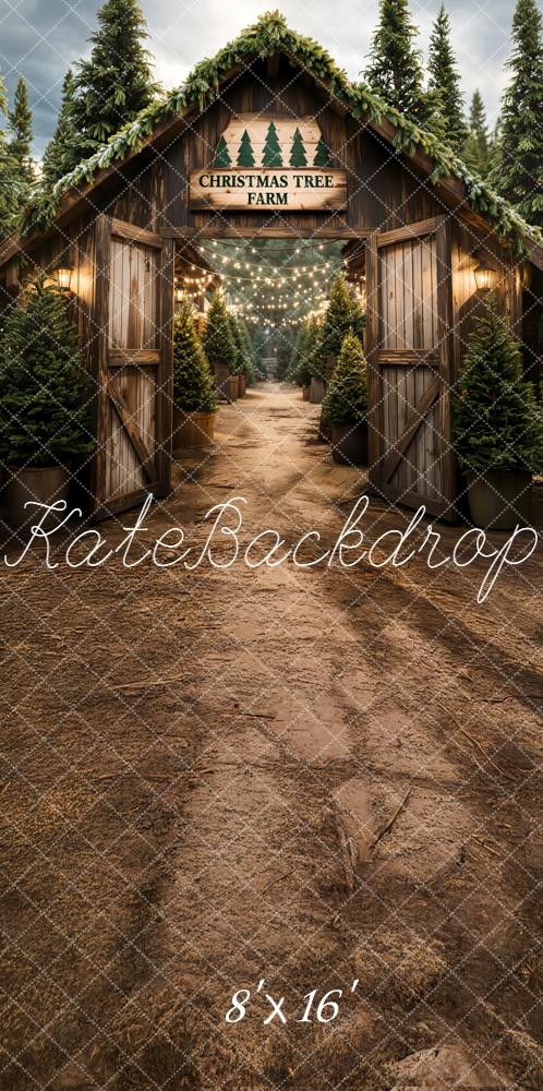 Kate Sweep Christmas Tree Farm Pine Forest Barn Pathway Backdrop Designed by Emetselch