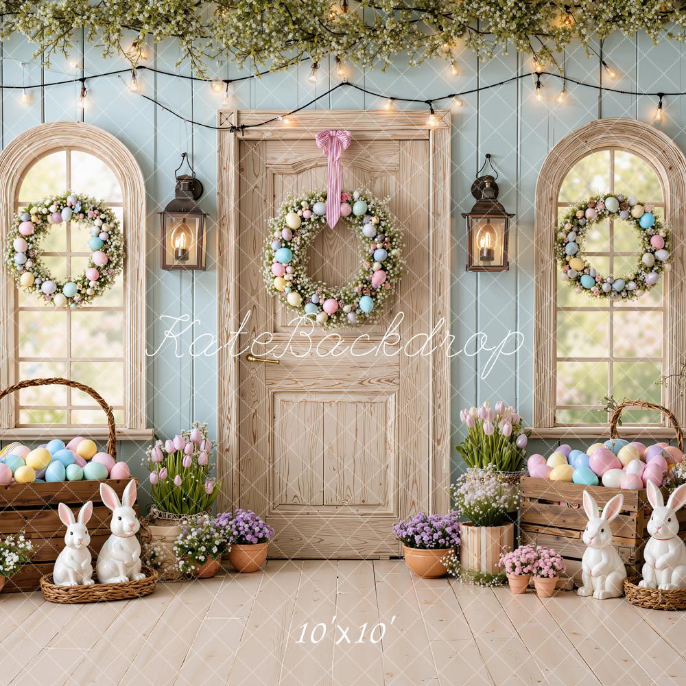 Kate Easter Bunny Blue Egg Wreath Door Greenery Printed Backdrop Designed by Emetselch
