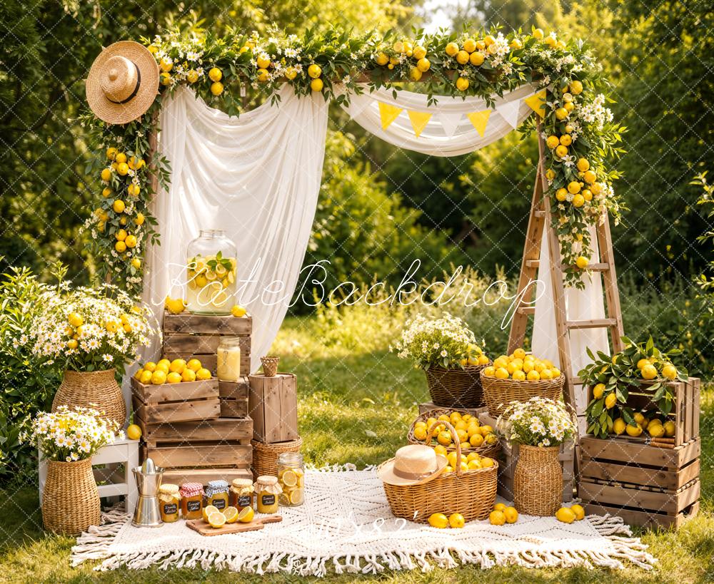 Kate Summer Lemon Flower Arch Picnic Printed Backdrop Designed by Emetselch