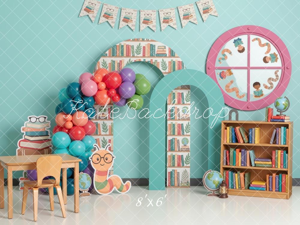 Kate Back to School Bookshelf Arch Balloons Worm Printed Backdrop Designed by Mini MakeBelieve