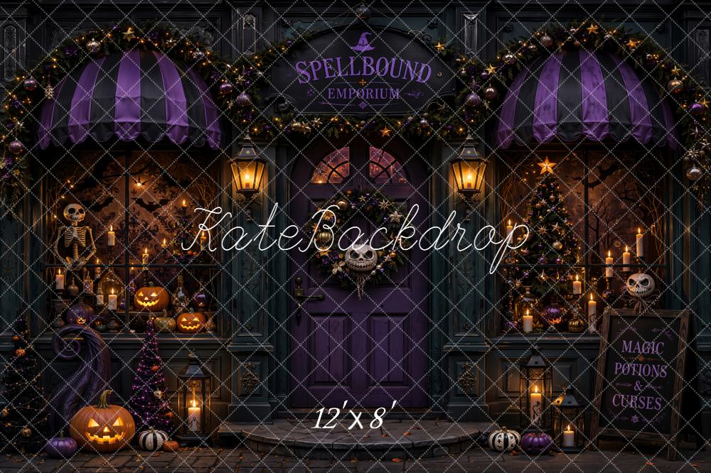 Kate Halloween Doorway Spellbound Emporium Purple Pumpkins Skeleton Candles Printed Backdrop Designed by Emetselch