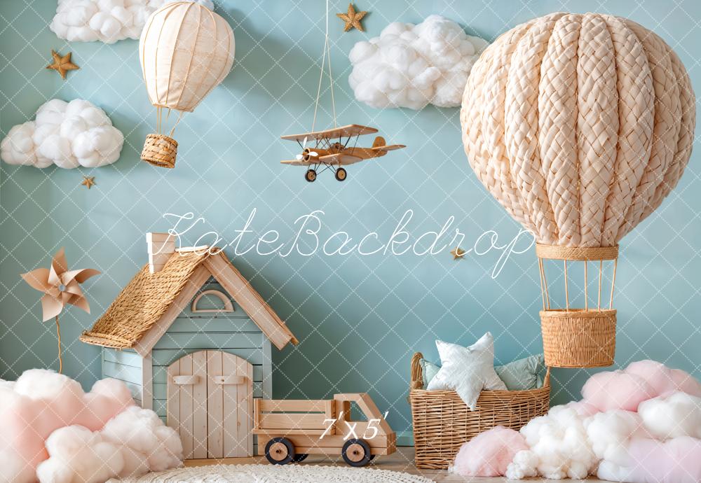 Kate Cake Smash Hot Air Balloon Airplane Cloud House Blue Backdrop Designed by Emetselch