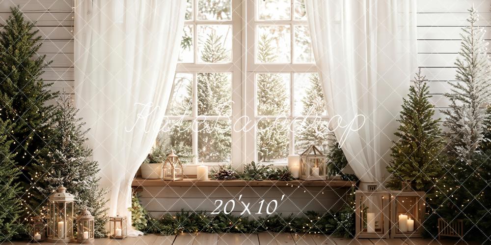 Kate Christmas Winter White Window Pine Trees Lanterns Backdrop Designed by Emetselch