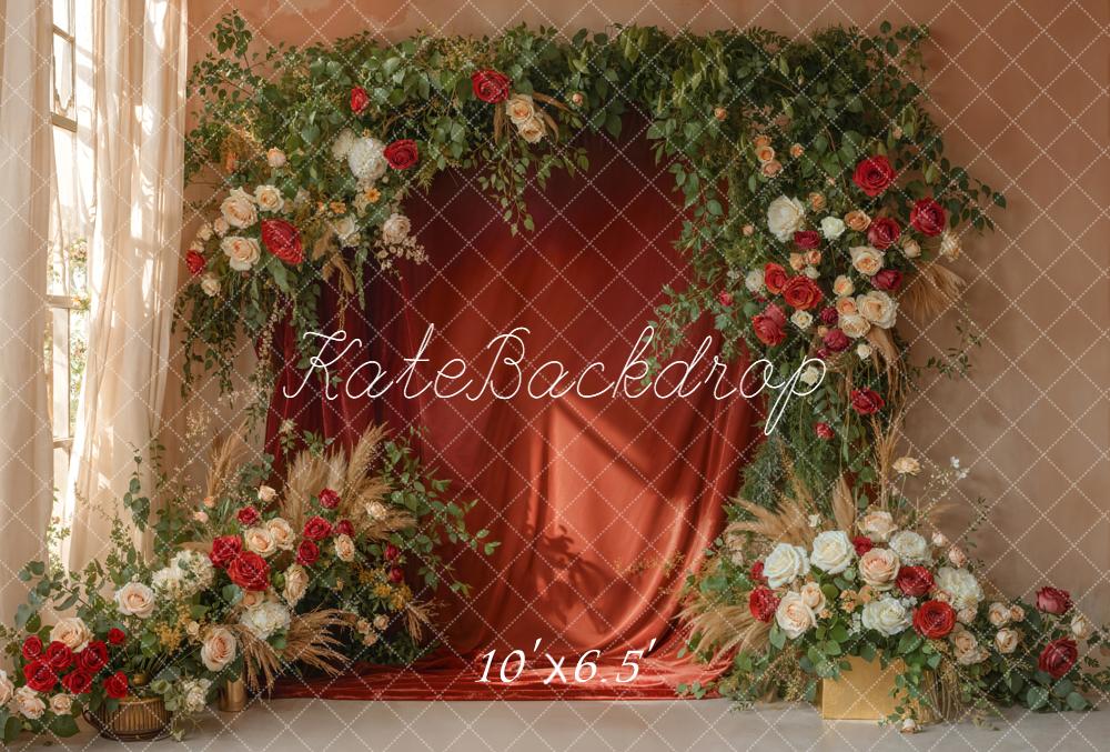 Kate Spring Flower Arch Red and White Roses Greenery Backdrop Designed by Emetselch